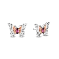 Enchanted Disney Fine Jewelry Sterling Silver and 10K Rose Gold 1/10 CTTW Diamond and Rhodolite Garnet Mulan Butterfly Earrings