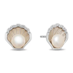 Enchanted Disney Fine Jewelry Sterling Silver with 1/20 CTTW Diamonds and Pearl Ariel Shell Stud Earrings