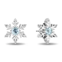 Enchanted Disney Fine Jewelry Sterling Silver with 1/10 CTTW Diamonds and Aquamarine Elsa Snowflake Earrings