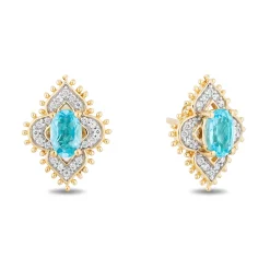 Enchanted Disney Fine Jewelry 10K Yellow Gold with 1/6 CTTW Diamonds and Swiss Blue Topaz Jasmine Earrings