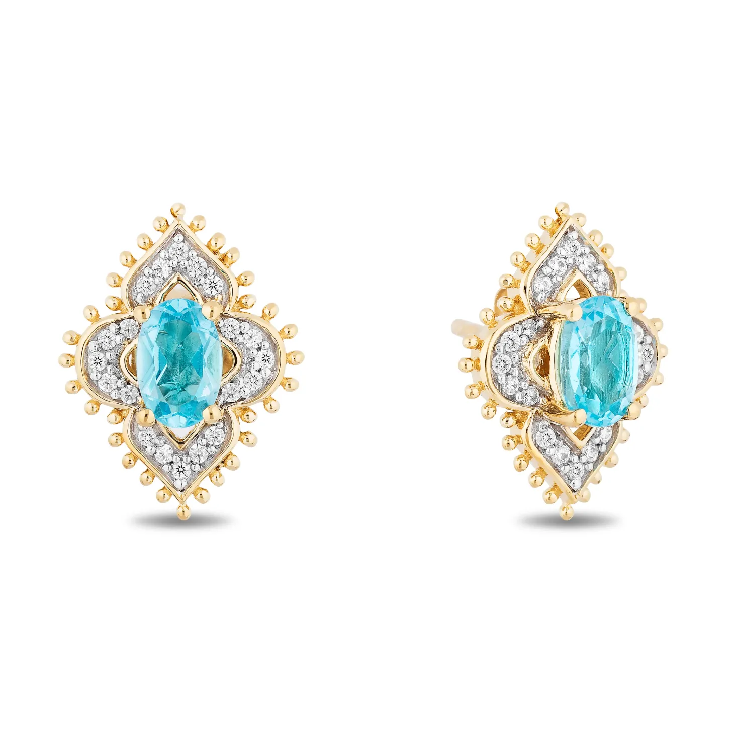 Enchanted Disney Fine Jewelry 10K Yellow Gold with 1/6 CTTW Diamonds and Swiss Blue Topaz Jasmine Earrings