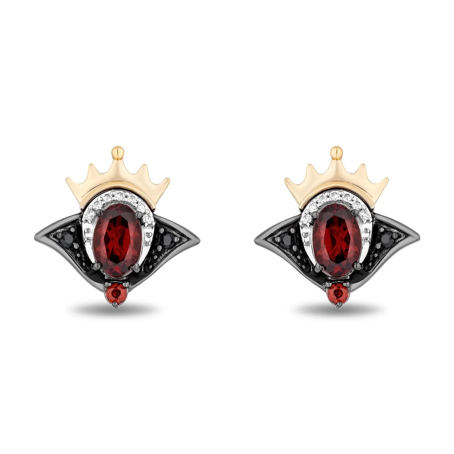 Enchanted Disney Fine Jewelry Black Rhodium Over Sterling Silver and 10K Yellow Gold with 1/10 CTTW Diamonds and Garnet Evil Queen Stud Earrings
