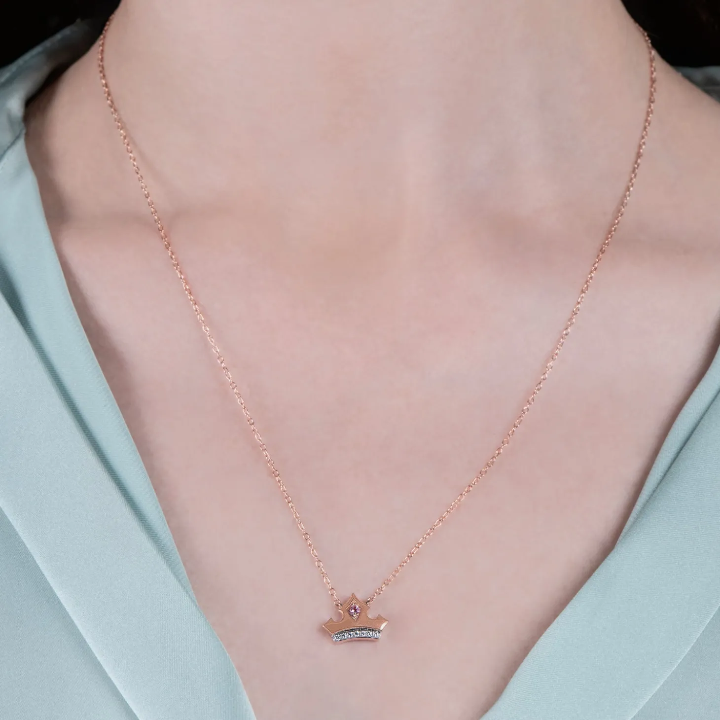 Enchanted Disney Fine Jewelry 10K Rose Gold with 1/20 CTTW Diamond and Pink Topaz Aurora Tiara Necklace