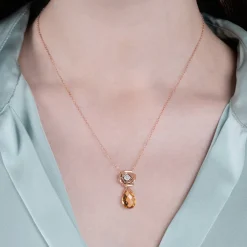 Enchanted Disney Fine Jewelry 14K Rose Gold with 1/20 CTTW Diamond and Citrine Belle Rose Composite Pendant Necklace