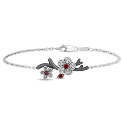 Enchanted Disney Fine Jewelry Black Rhodium over Sterling Silver with 1/7 CTTW Diamond and Red Garnet Mulan Bracelet