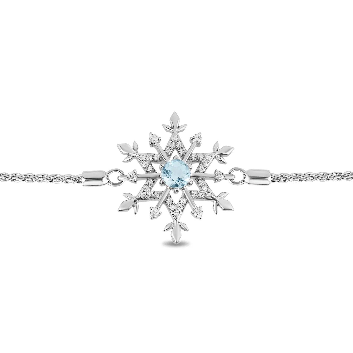 Enchanted Disney Fine Jewelry Sterling Silver with 1/6 CTTW Diamonds and Aquamarine Elsa Snowflake Bracelet