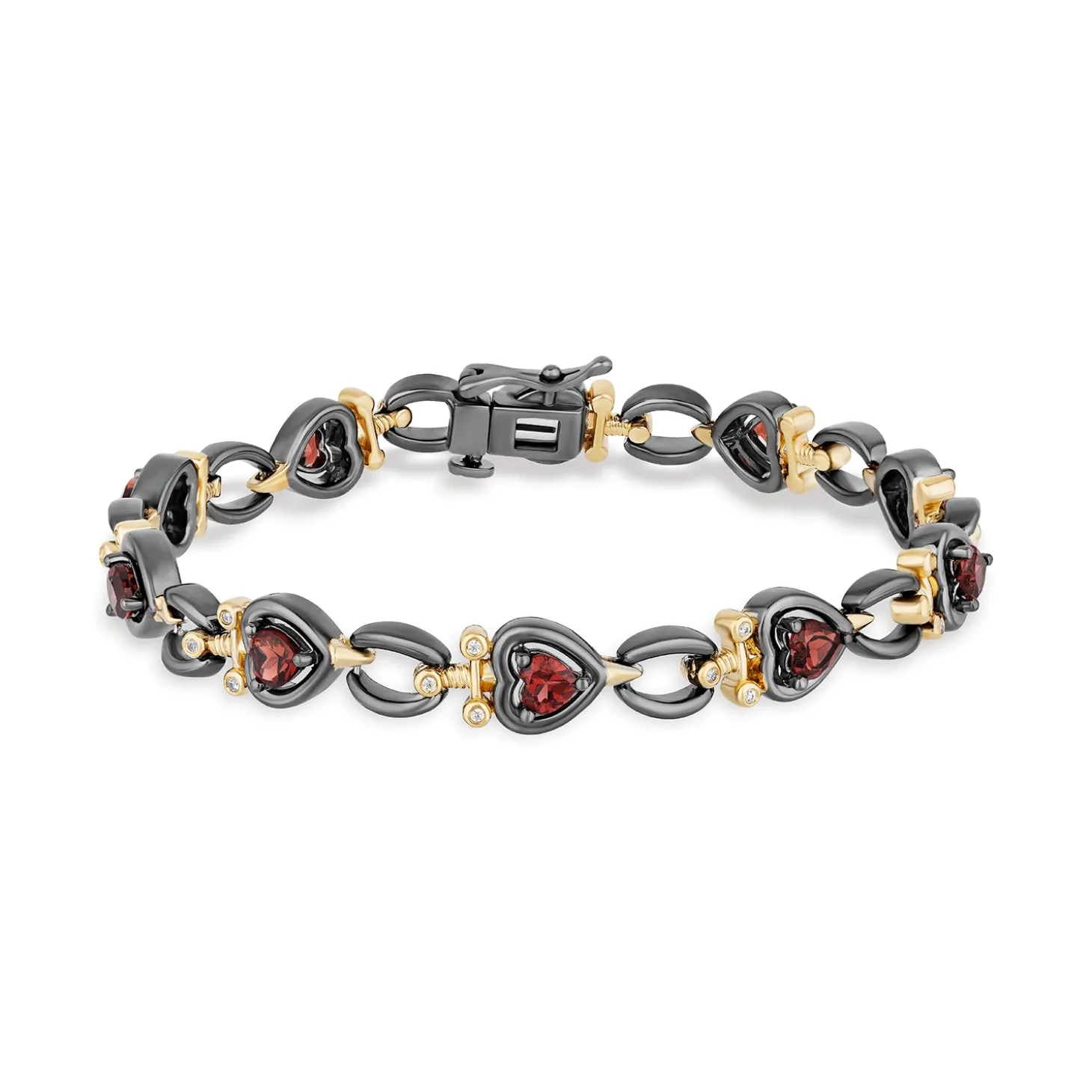 Enchanted Disney Fine Jewelry Black Rhodium and 14K Yellow Gold over Sterling Silver With 1/10 CTTW Diamond and Red Garnet Evil Queen Dagger Bracelet