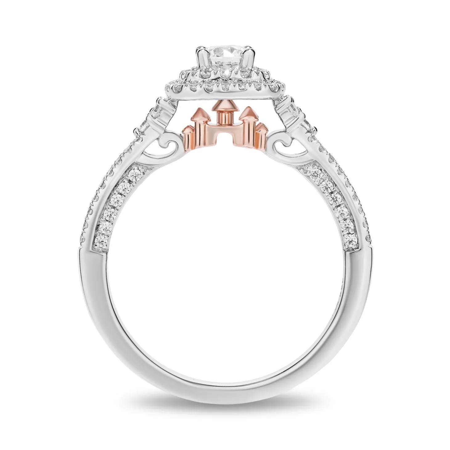 Enchanted Disney Fine Jewelry 14K White Gold and Rose Gold with 3/4 CTTW Diamond Castle Majestic Princess Engagement Ring