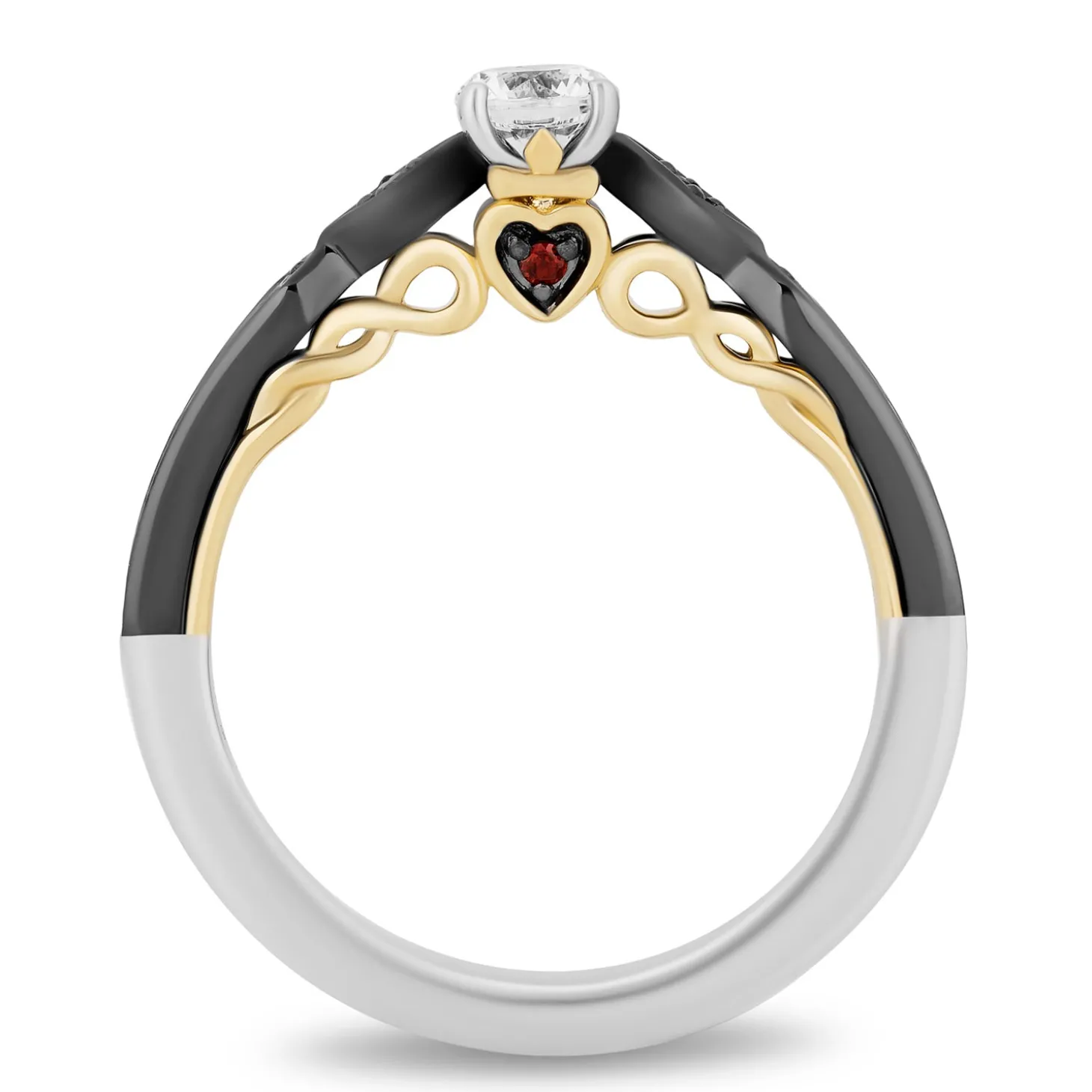 Enchanted Disney Fine Jewelry 14K White Gold and Yellow Gold with Black Rhodium Evil Queen Engagement Ring with 1/2 CT Round Center and 5/8 CTTW Diamonds and Garnet Peek-a-boo Surprise