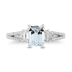 Enchanted Disney Fine Jewelry 10K White Gold with 3/8 CTTW Round and Baguette Diamond and Aquamarine Elsa Engagement Ring