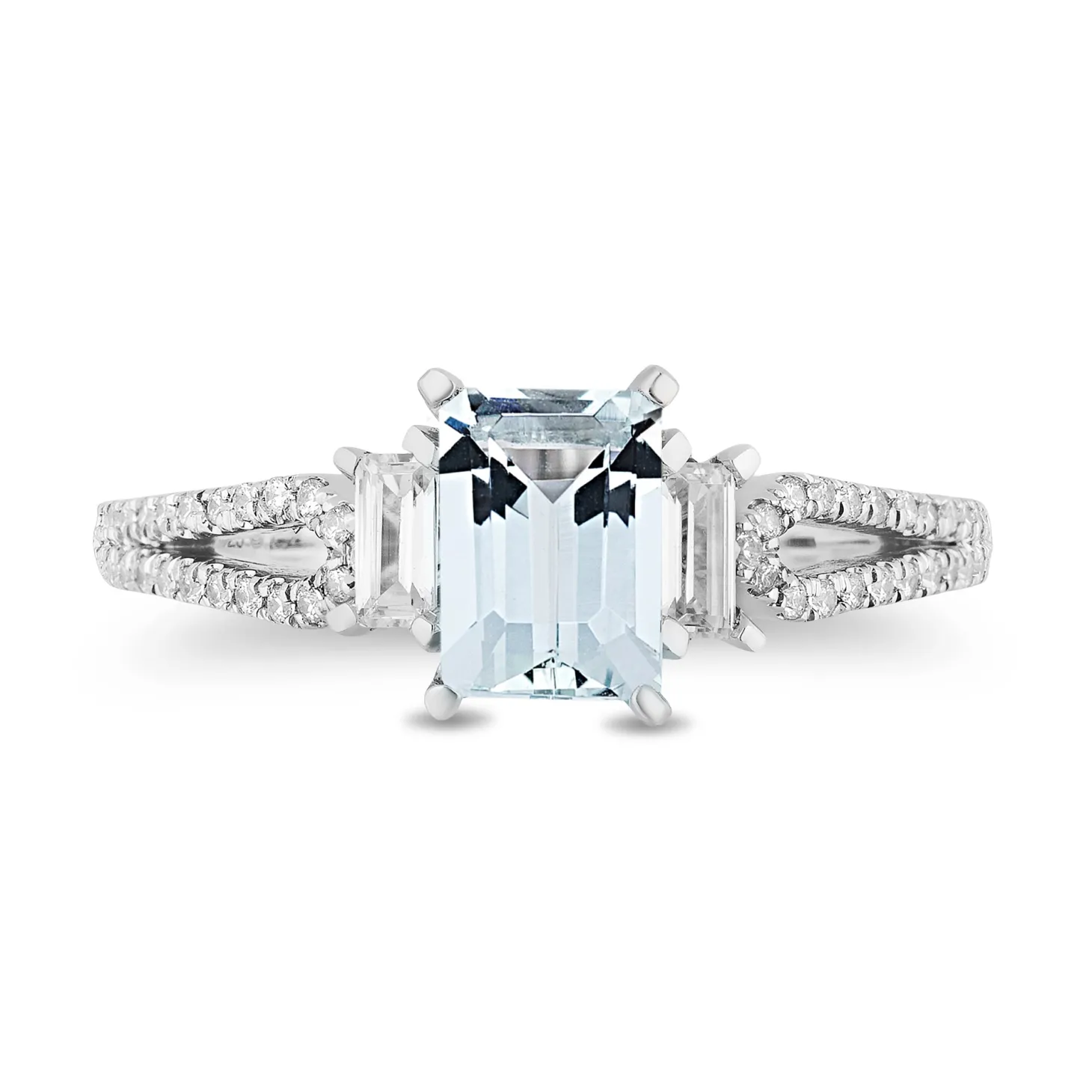 Enchanted Disney Fine Jewelry 10K White Gold with 3/8 CTTW Round and Baguette Diamond and Aquamarine Elsa Engagement Ring