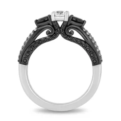 Enchanted Disney Fine Jewelry 14K White Gold with Black Rhodium Ursula Three Stone Engagement ring with Black Diamond Shoulder Stone and 1 1/4 CTTW Diamonds