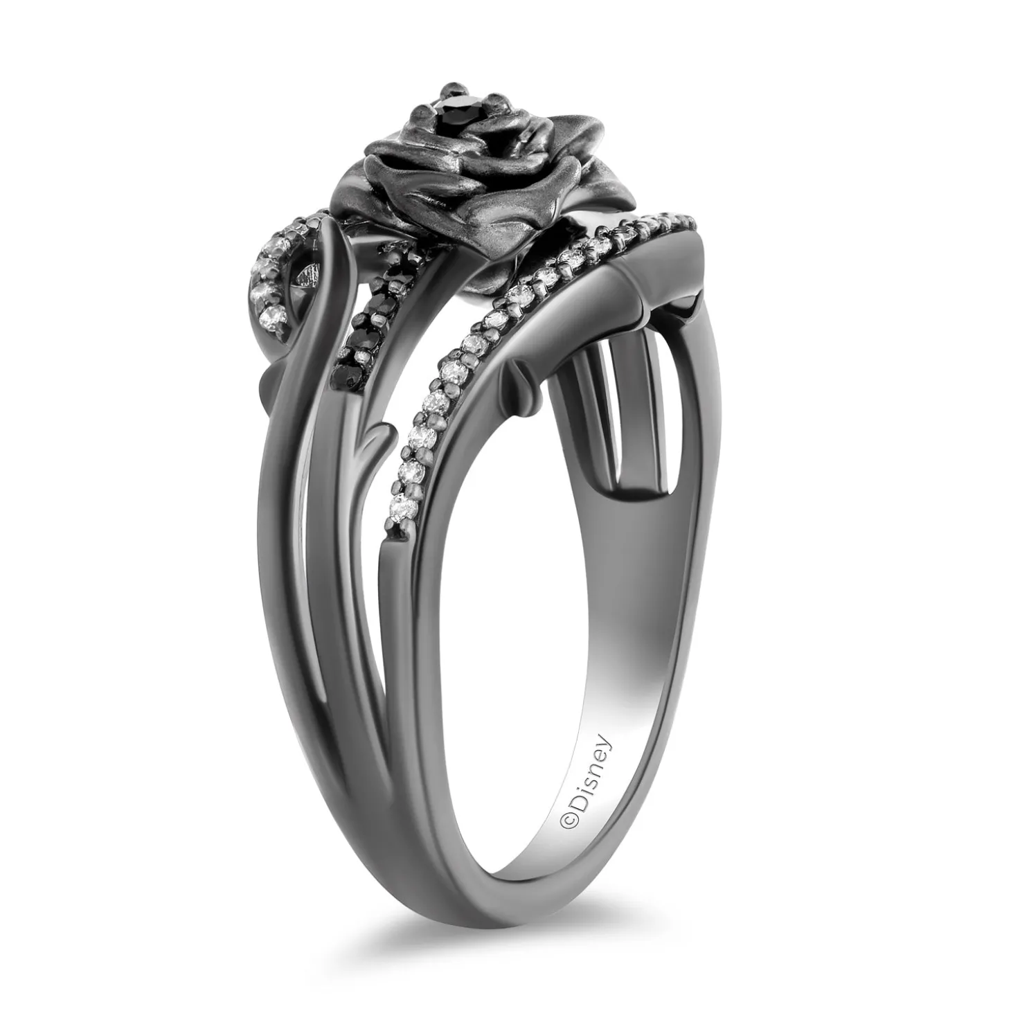 Enchanted Disney Fine Jewelry Black Rhodium Over Sterling Silver with 1/5 CTTW Black and White Diamond with Black Onyx Maleficent Ring