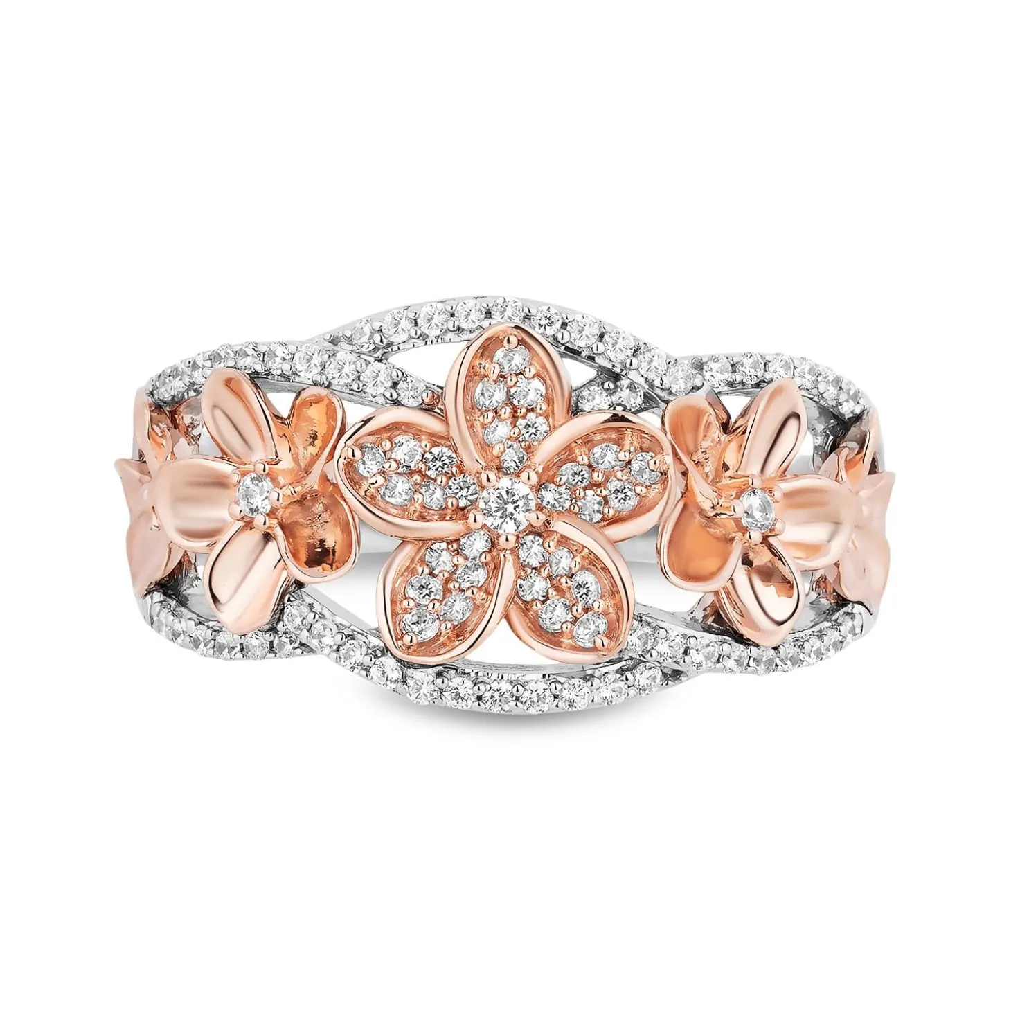 Enchanted Disney Fine Jewelry Sterling Silver and 10K Rose Gold with 1/4 CTTW Diamond Moana Plumeria Flower Ring