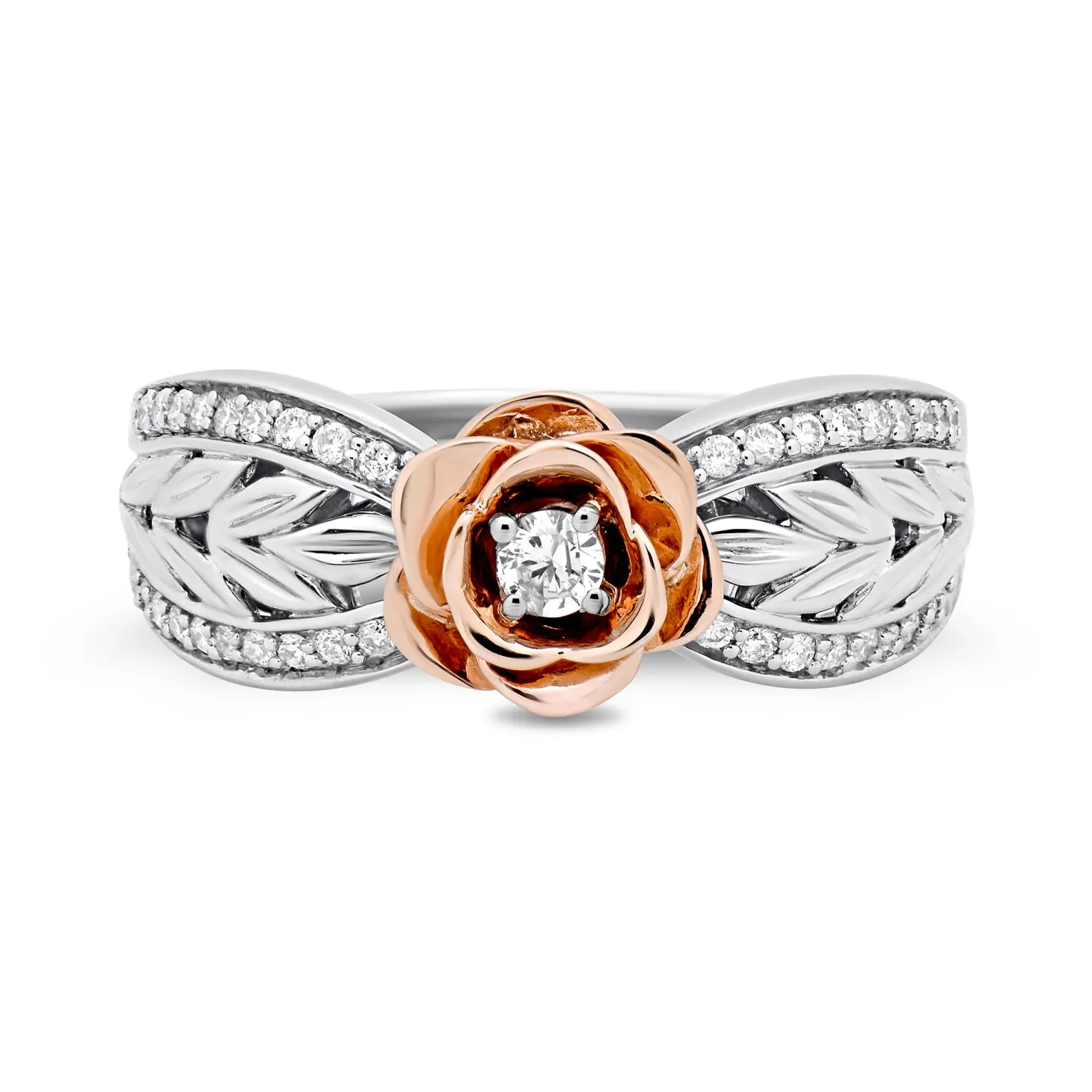 Enchanted Disney Fine Jewelry Sterling Silver and 10K Rose Gold 1/4 CTTW Belle Rose Ring