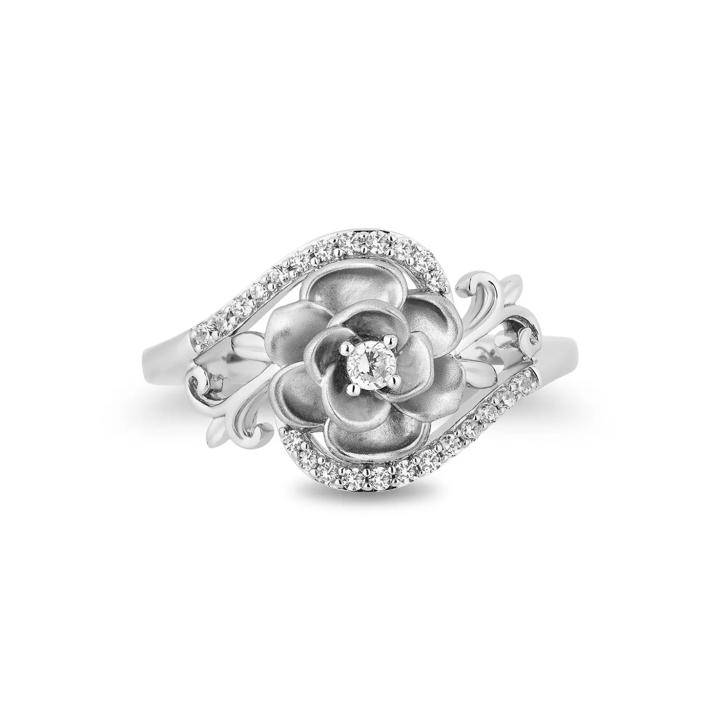 Enchanted Disney Fine Jewelry Sterling Silver with 1/5 CTTW Diamond Cinderella 70th Gardenia Flower Ring