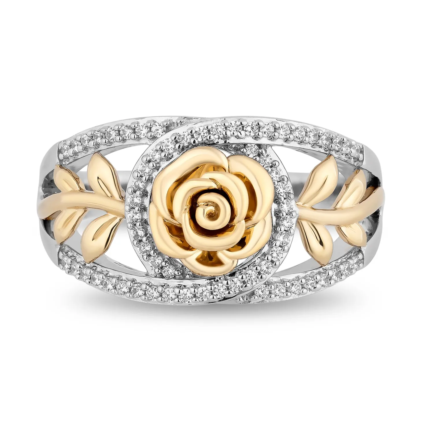 Enchanted Disney Fine Jewelry Sterling Silver and 10K Yellow Gold with 1/5 CTTW Diamond Belle 30th Rose Ring