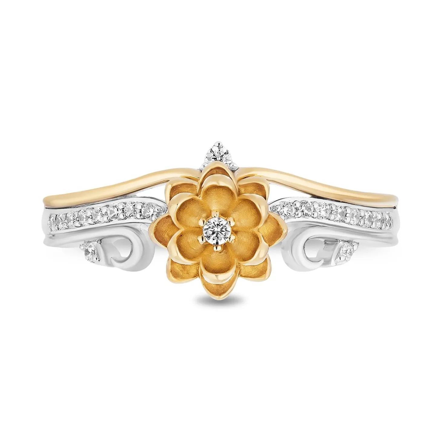 Enchanted Disney Fine Jewelry Sterling Silver and 10K Yellow Gold 1/8 CTTW Diamond Tiana Flower Ring