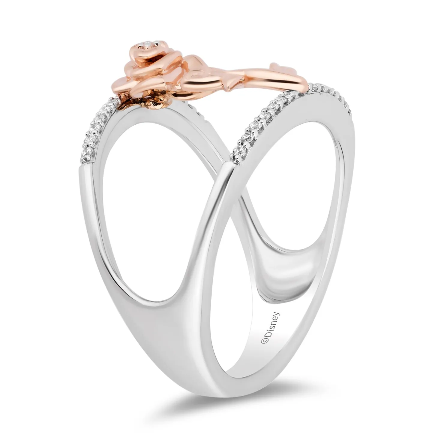 Enchanted Disney Fine Jewelry Sterling Silver and 10K Rose Gold 1/10 CTTW Diamond Belle Rose Wide Ring