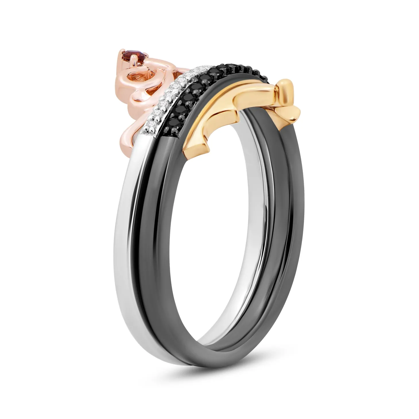 Enchanted Disney Fine Jewelry 14K Rose Gold and Yellow Gold Over Sterling Silver with 1/6 CTTW Diamonds and Garnet Snow White Evil Queen Duo Ring