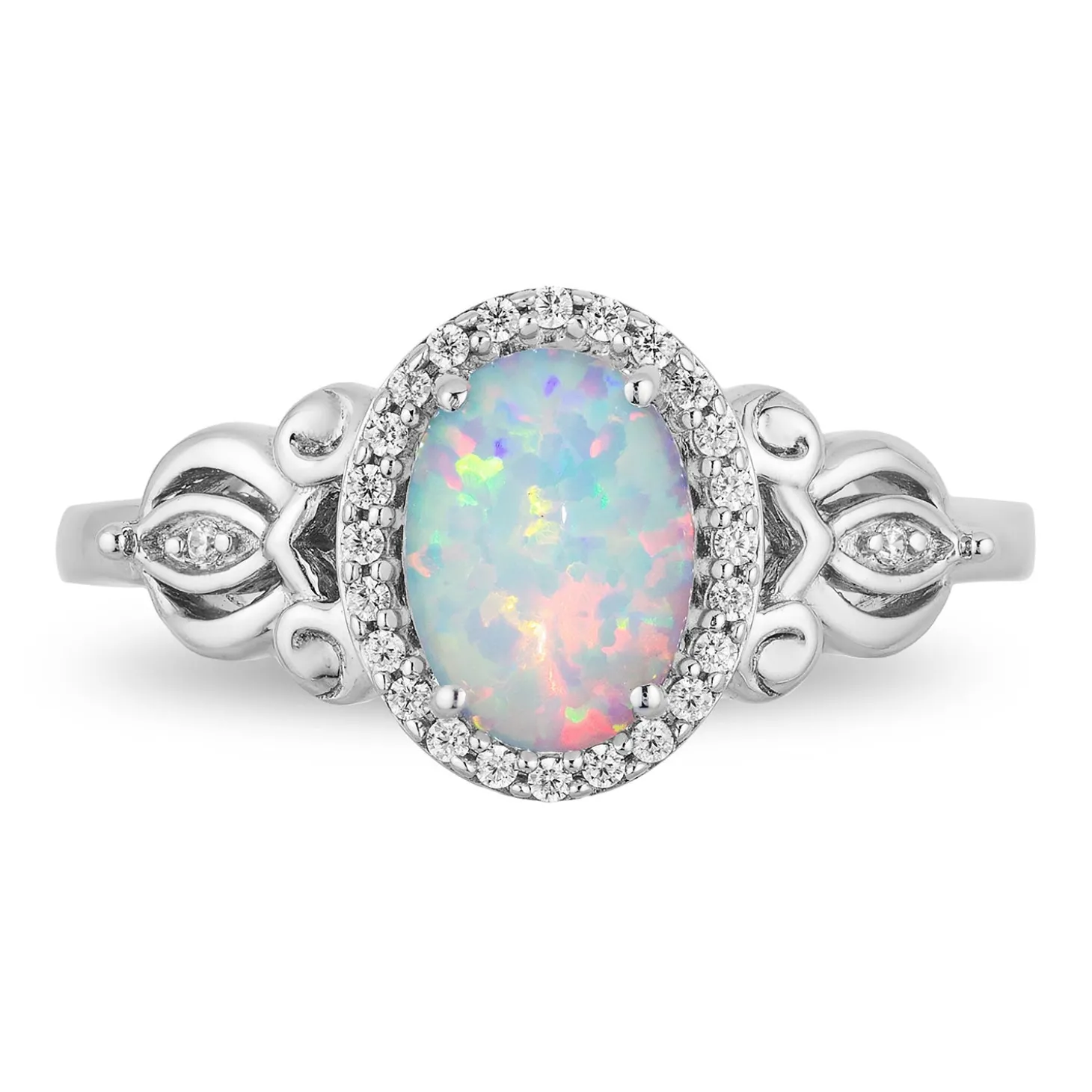 Enchanted Disney Fine Jewelry Sterling Silver with 1/10 CTTW Diamond and Created Opal Cinderella Carriage Ring