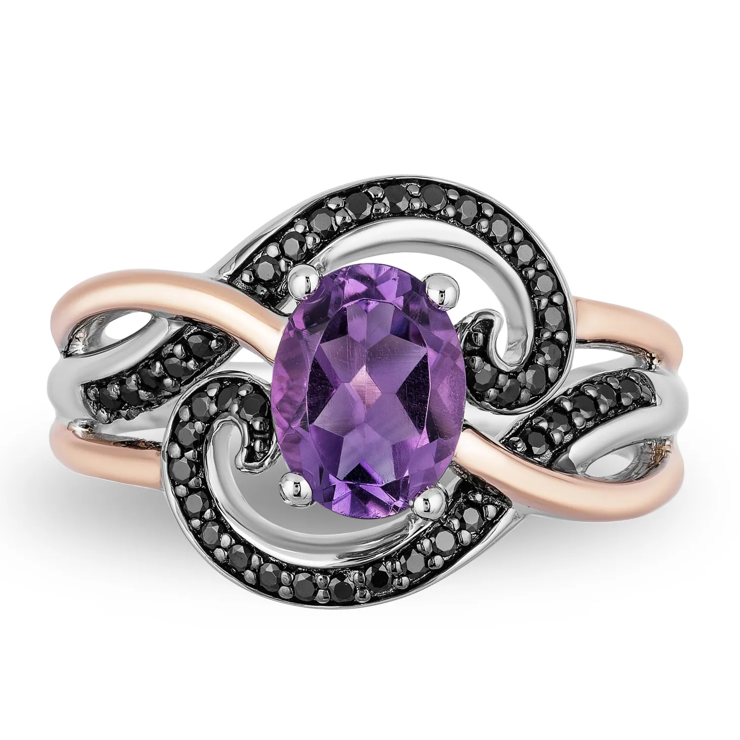 Enchanted Disney Fine Jewelry 14K Rose Gold over Sterling Silver Black Rhodium with 1/5 CTTW Diamond and Amethyst Ursula Ring