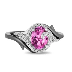 Enchanted Disney Fine Jewelry Sterling Silver with Black Rhodium 1/10 CTTW Diamond and Pink Topaz Maleficent Ring