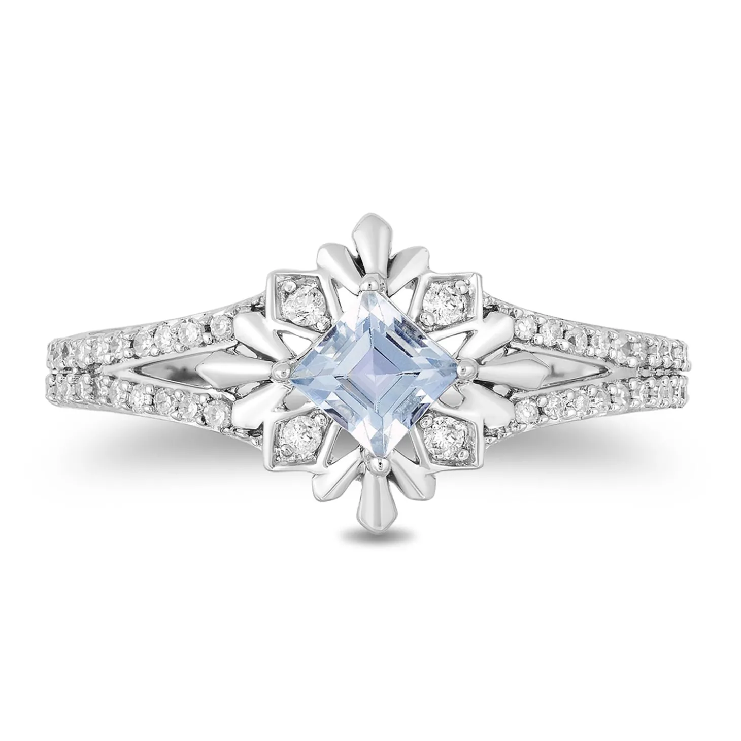 Enchanted Disney Fine Jewelry Sterling Silver with 1/5 CTTW Aquamarine Centre Diamond Frozen 2 Elsa Snowflake Ring