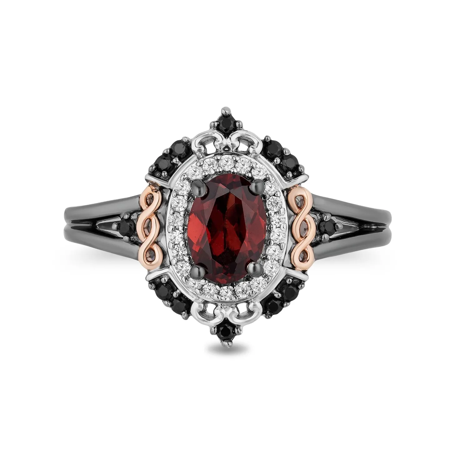 Enchanted Disney Fine Jewelry Black Rhodium over Sterling Silver and 10K Rose Gold 1/5 CTTW Black and White Diamond with Red Garnet Evil Queen Ring