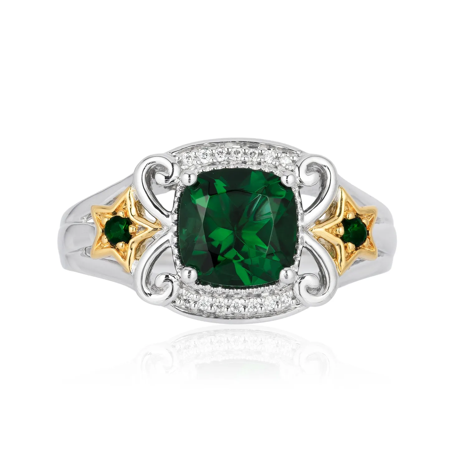 Enchanted Disney Fine Jewelry 14K Yellow Gold over Sterling Silver with 1/20 CTTW Diamonds Created Emerald Tinker Bell Star Ring
