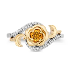 Enchanted Disney Fine Jewelry Sterling Silver and 10K Yellow Gold with 1/10 CTTW Diamond and Yellow Citrine Belle 30th Rose Ring