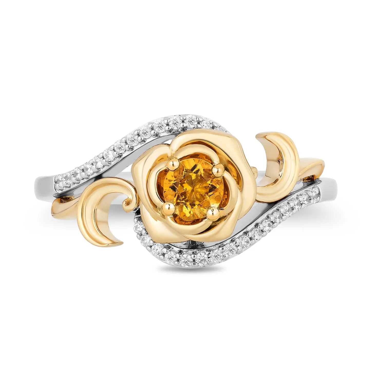 Enchanted Disney Fine Jewelry Sterling Silver and 10K Yellow Gold with 1/10 CTTW Diamond and Yellow Citrine Belle 30th Rose Ring