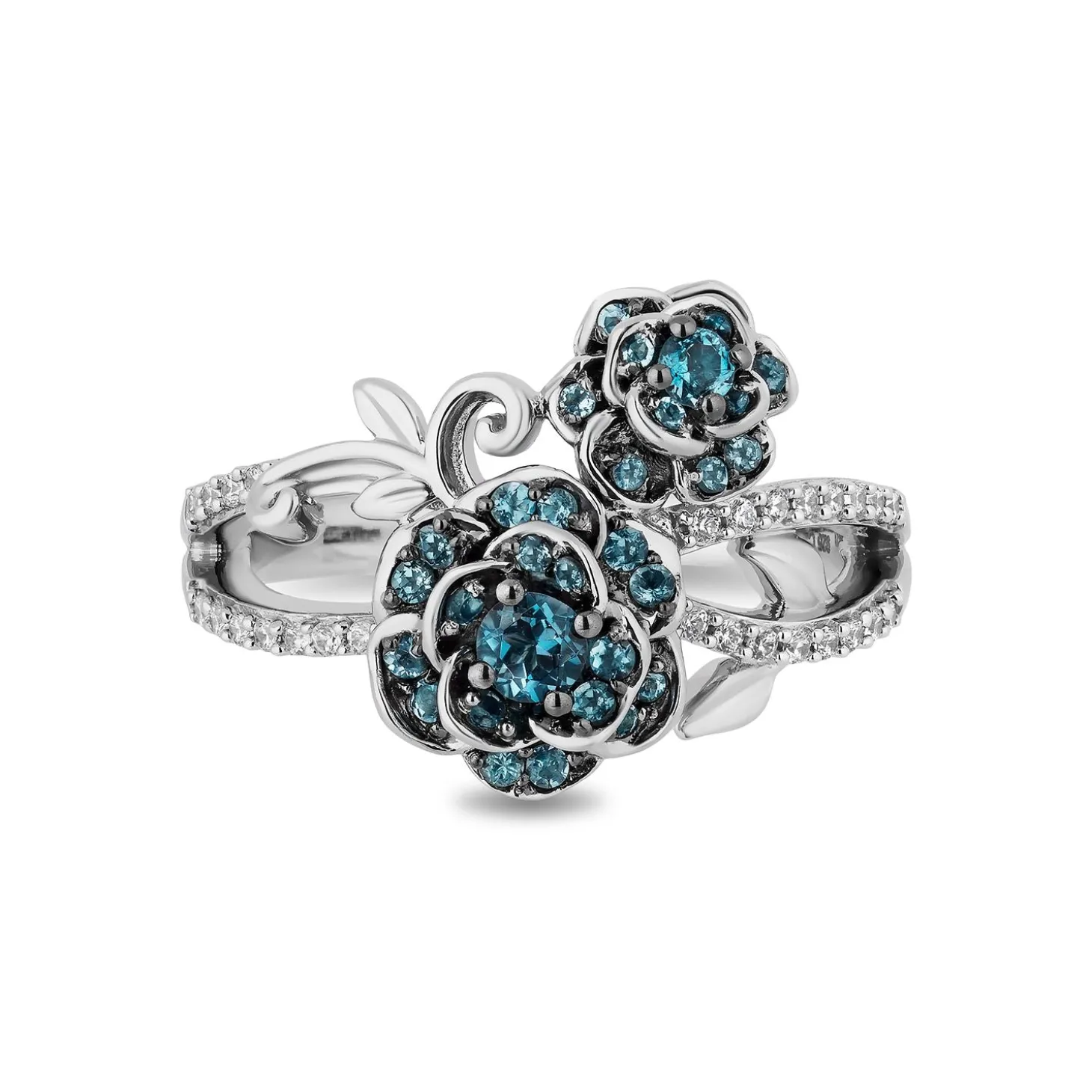 Enchanted Disney Fine Jewelry Sterling Silver with 1/6 CTTW Diamond and London Blue Topaz Cinderella 70th Gardenia Flower Ring