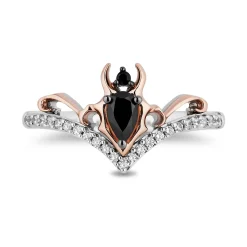 Enchanted Disney Fine Jewelry 10K Rose Gold and Sterling Silver with 1/6 CTTW Black and White Diamond with Black Onyx Maleficent Ring
