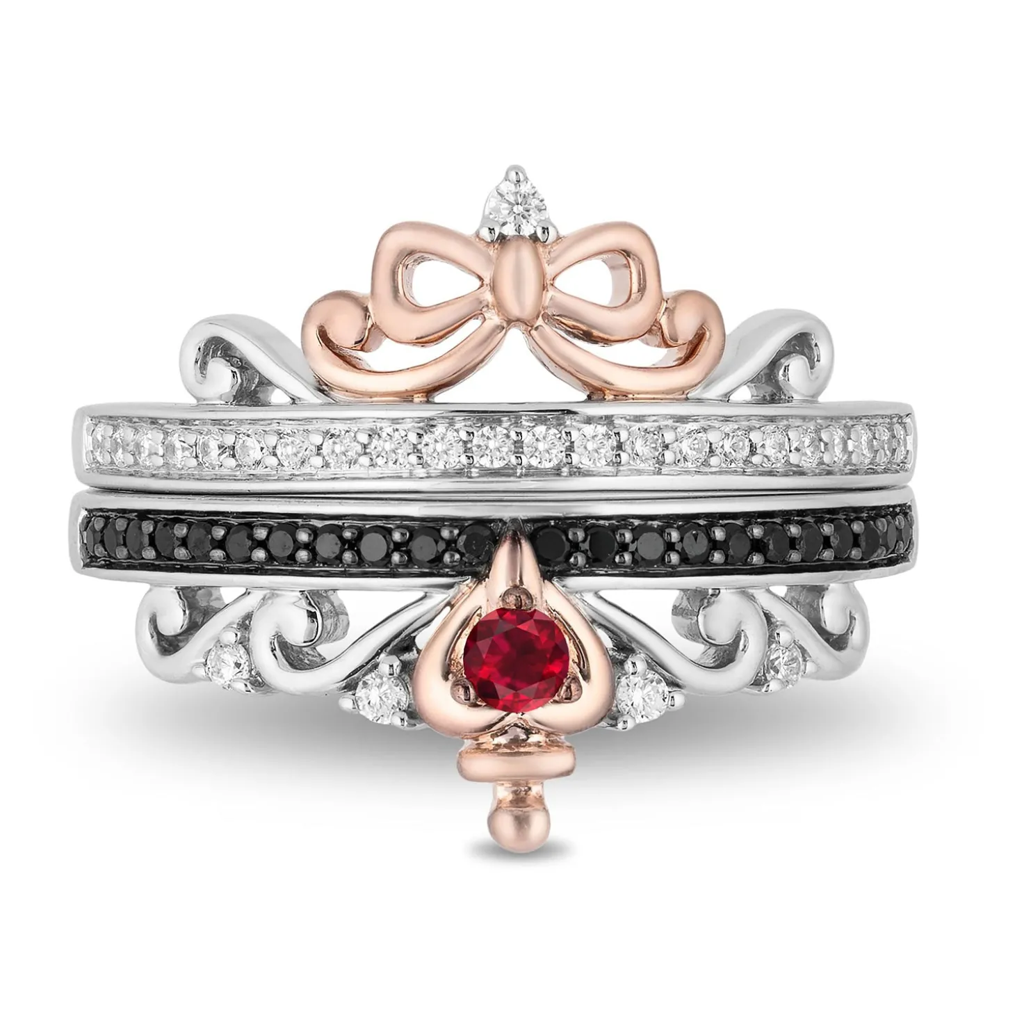 Enchanted Disney Fine Jewelry Sterling Silver and 10K Rose Gold with 1/4 CTTW Diamond and Ruby Snow White and Evil Queen Duo Ring Set