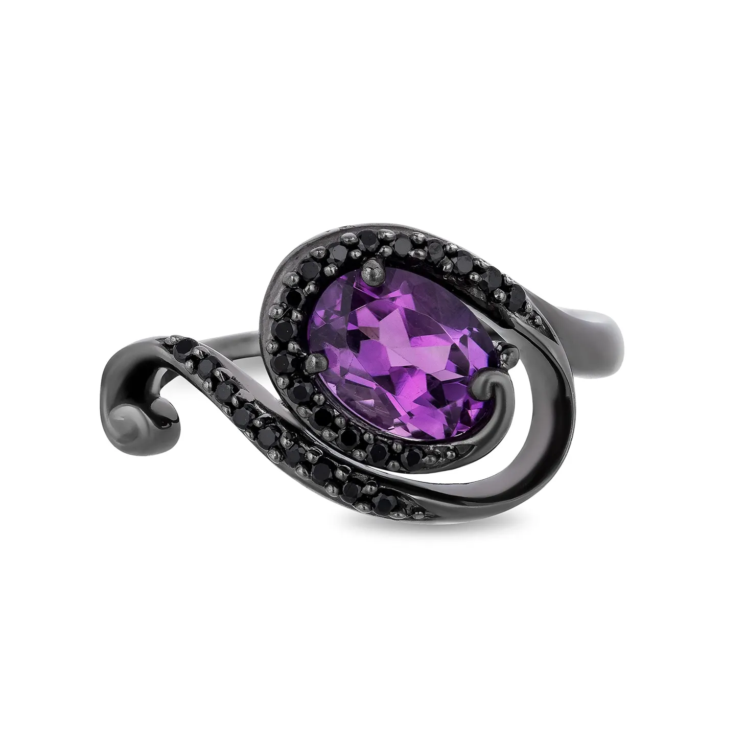 Enchanted Disney Fine Jewelry Black Rhodium over Sterling Silver with 1/5 CTTW Black Diamond and Amethyst Ursula Ring