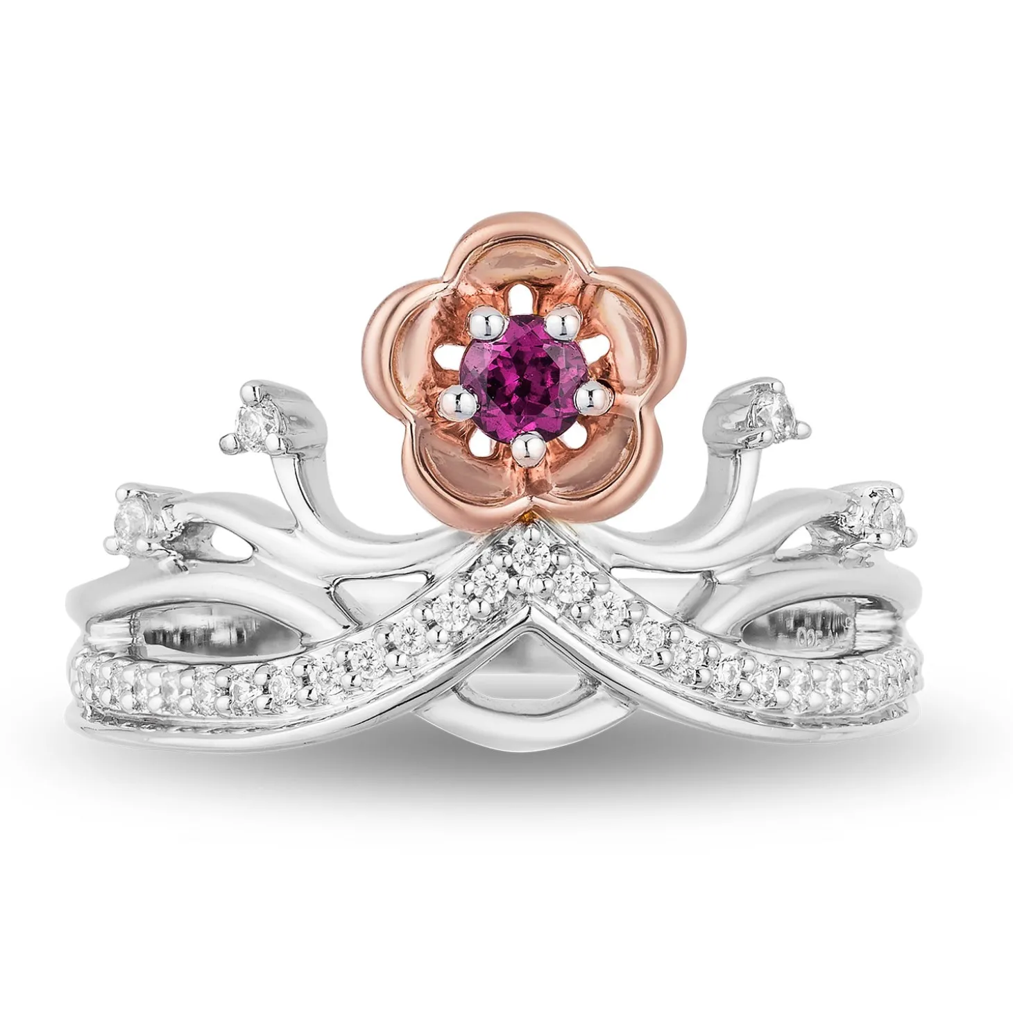 Enchanted Disney Fine Jewelry 14K Rose Gold over Sterling Silver 1/7 CTTW Diamond and Rhodolite Garnet Mulan Tiara Ring