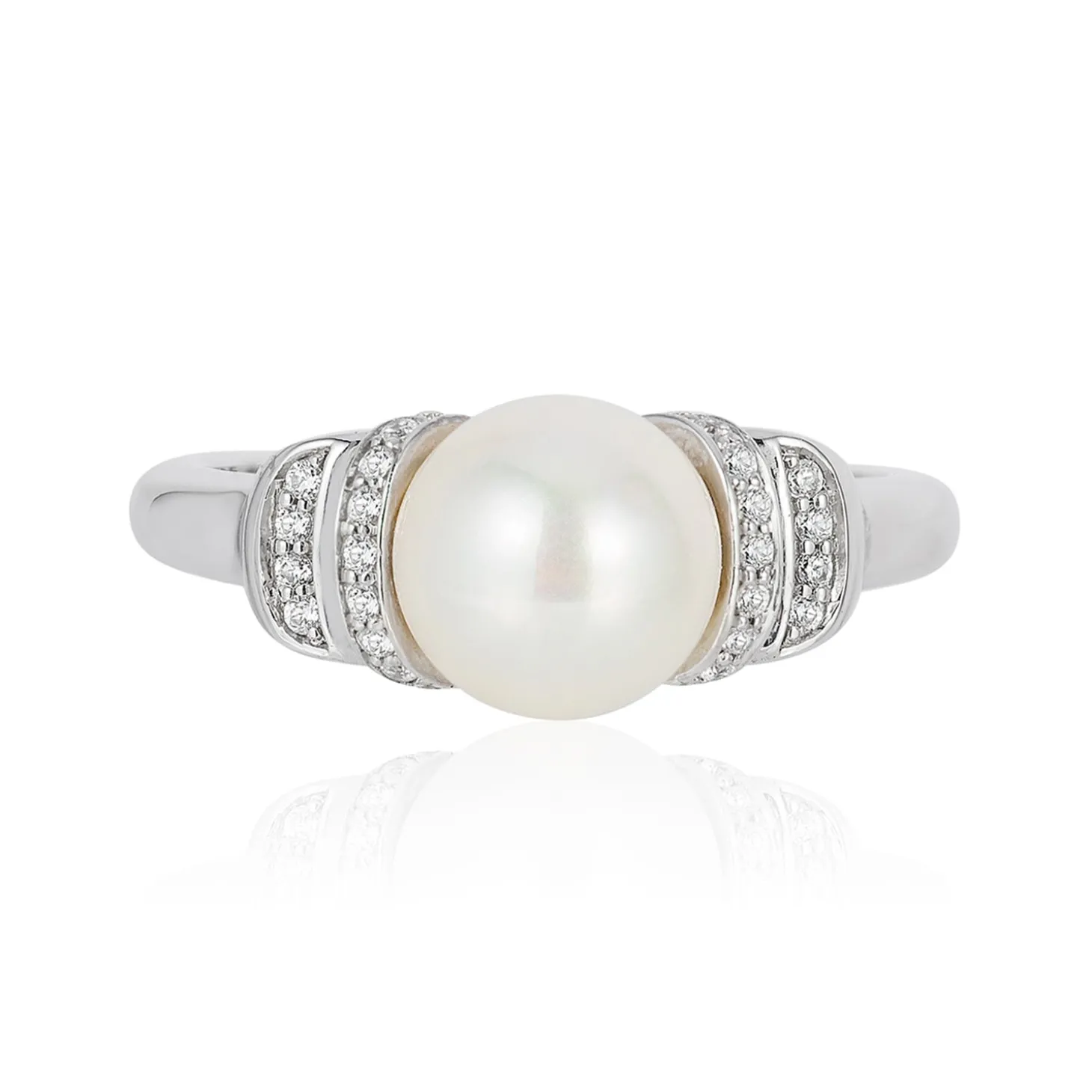 Enchanted Disney Fine Jewelry Sterling Silver 1/6 CTTW Diamond with Pearl and London Blue Topaz Cinderella Ring