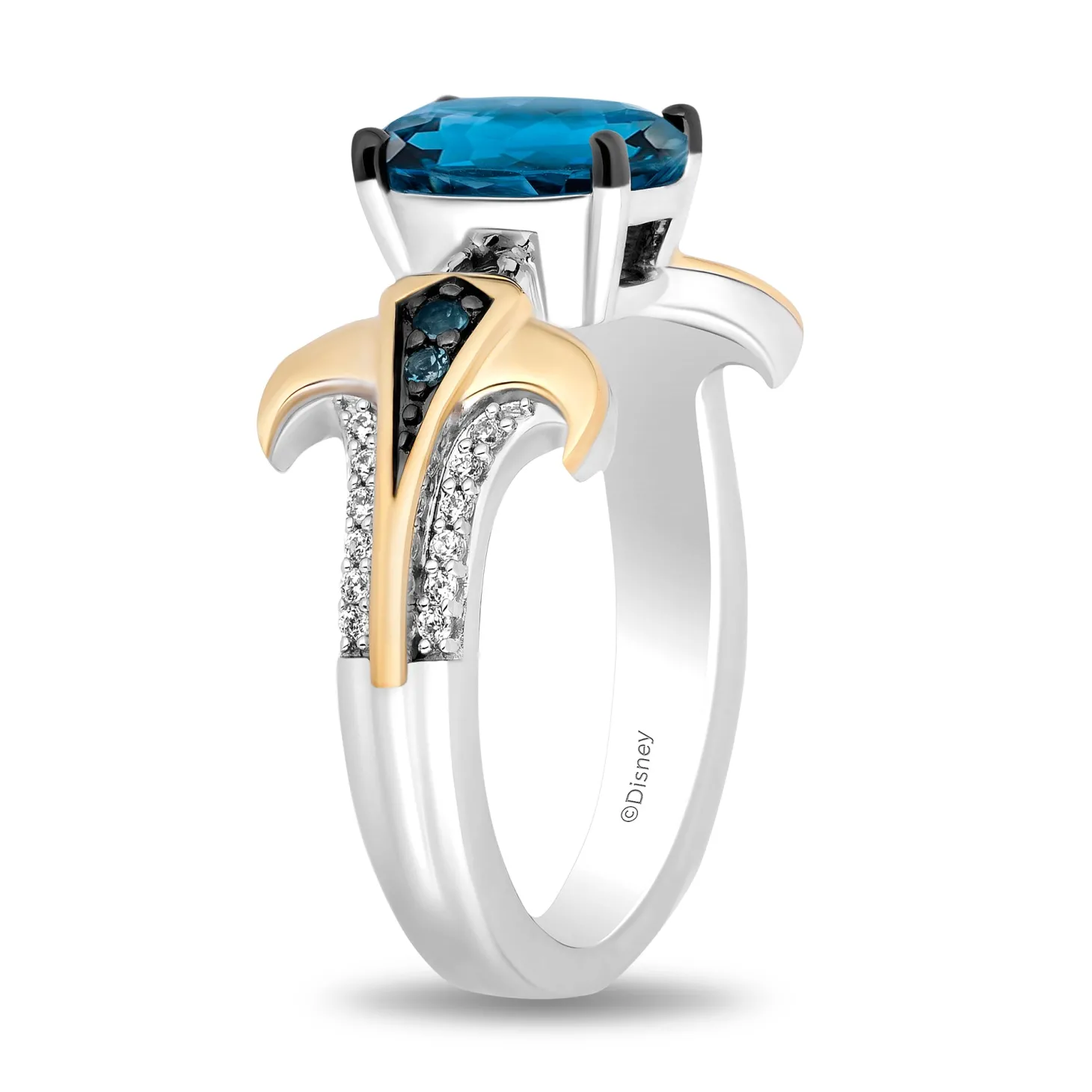 Enchanted Disney Fine Jewelry Sterling Silver and 10K Yellow Gold 1/10 CTTW Diamond and London Blue Topaz Moana Ring