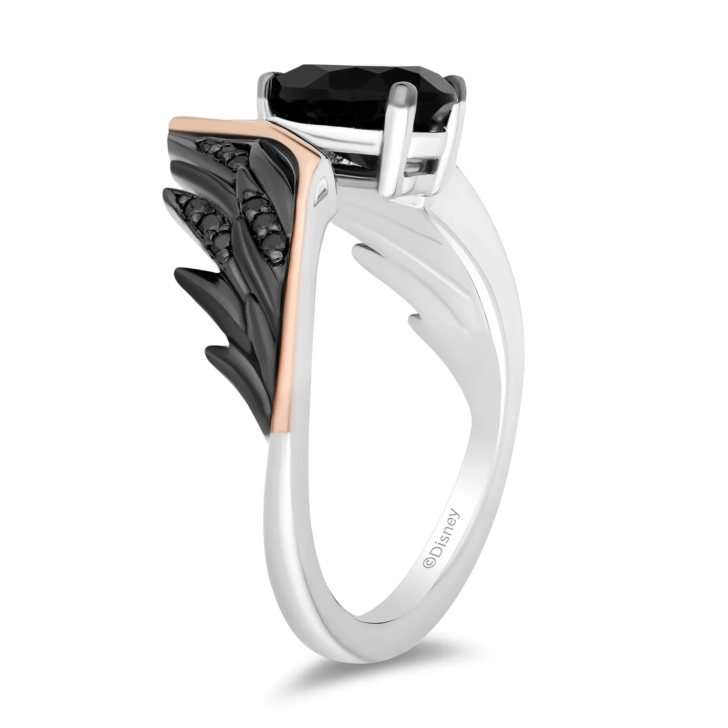 Enchanted Disney Fine Jewelry Sterling Silver and 10K Rose Gold with 1/8 CTTW Diamonds and Black Onyx Maleficent Wings Ring