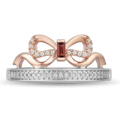 Enchanted Disney Fine Jewelry Sterling Silver and 10K Rose Gold 1/10 CTTW Diamond and Garnet Snow White Bow Fashion Ring