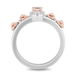 Enchanted Disney Fine Jewelry Sterling Silver and 10K Rose Gold with 1/20 CTTW Diamond and Morganite Aurora Halo Filigree Ring