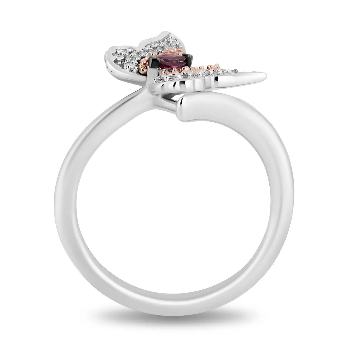 Enchanted Disney Fine Jewelry Sterling Silver and 10K Rose Gold 1/10 CTTW Diamond and Rhodolite Garnet Mulan Butterfly Ring
