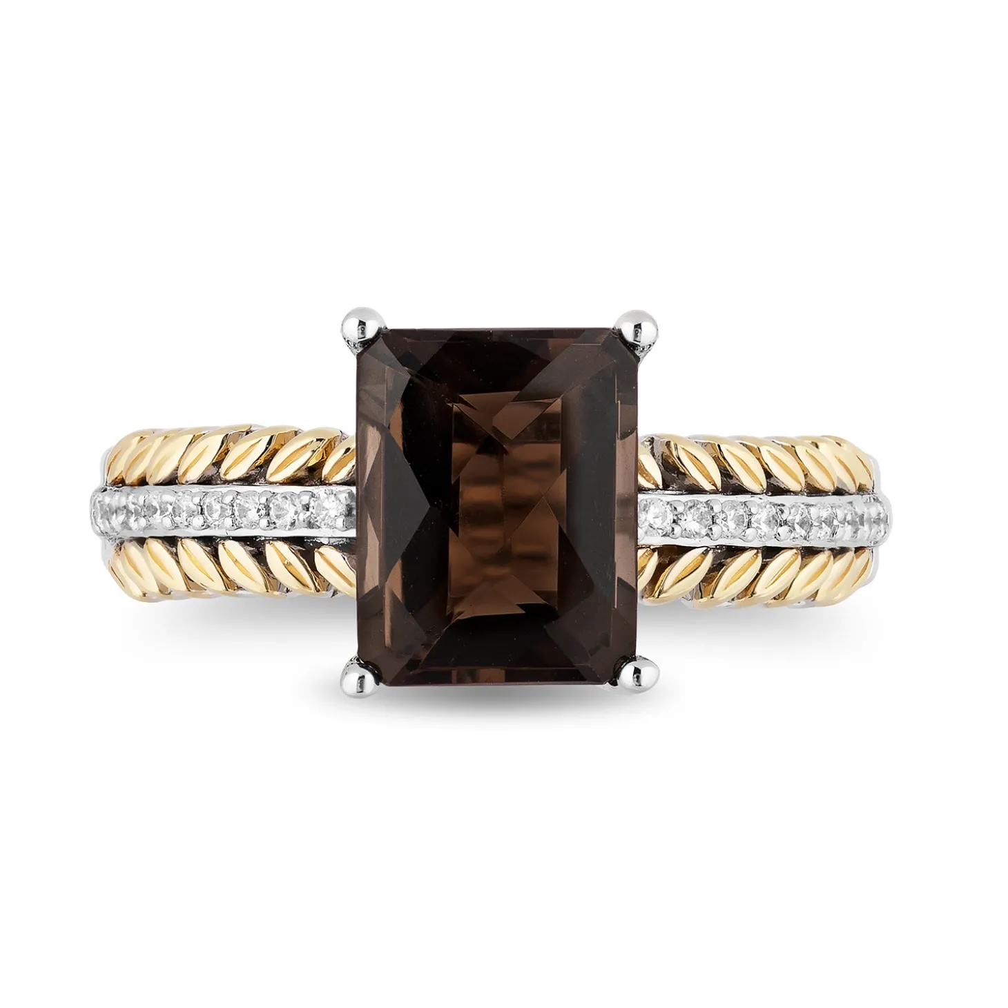 Enchanted Disney Fine Jewelry Sterling Silver and 10K Yellow Gold with 1/10 CTTW Diamond and Smokey Quartz Pocahontas Feather Ring