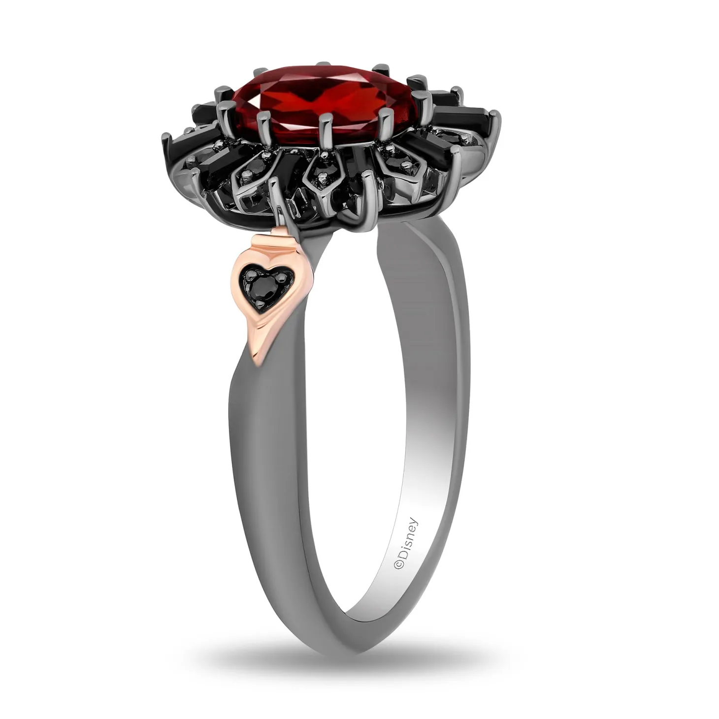 Enchanted Disney Fine Jewelry Black Rhodium Over Sterling Silver and 10K Rose Gold 1/10 CTTW Black Diamond with Black Onyx and Red Garnet Evil Queen Throne Ring
