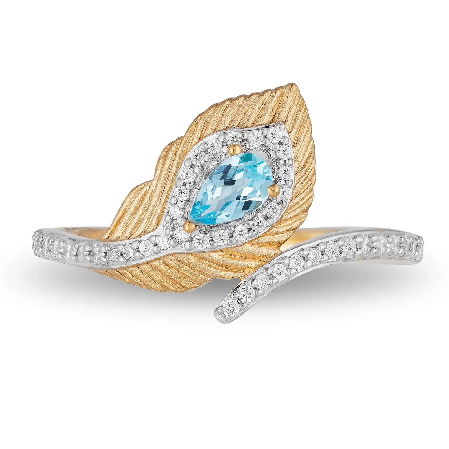 Enchanted Disney Fine Jewelry 10K Yellow Gold 1/6 CTTW Diamond with Swiss Blue Topaz Jasmine Peacock Feather Ring