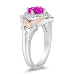 Enchanted Disney Fine Jewelry 14K Rose Gold Over Sterling Silver with 1/10 CTTW Diamonds and Created Pink Sapphire Aurora Ring