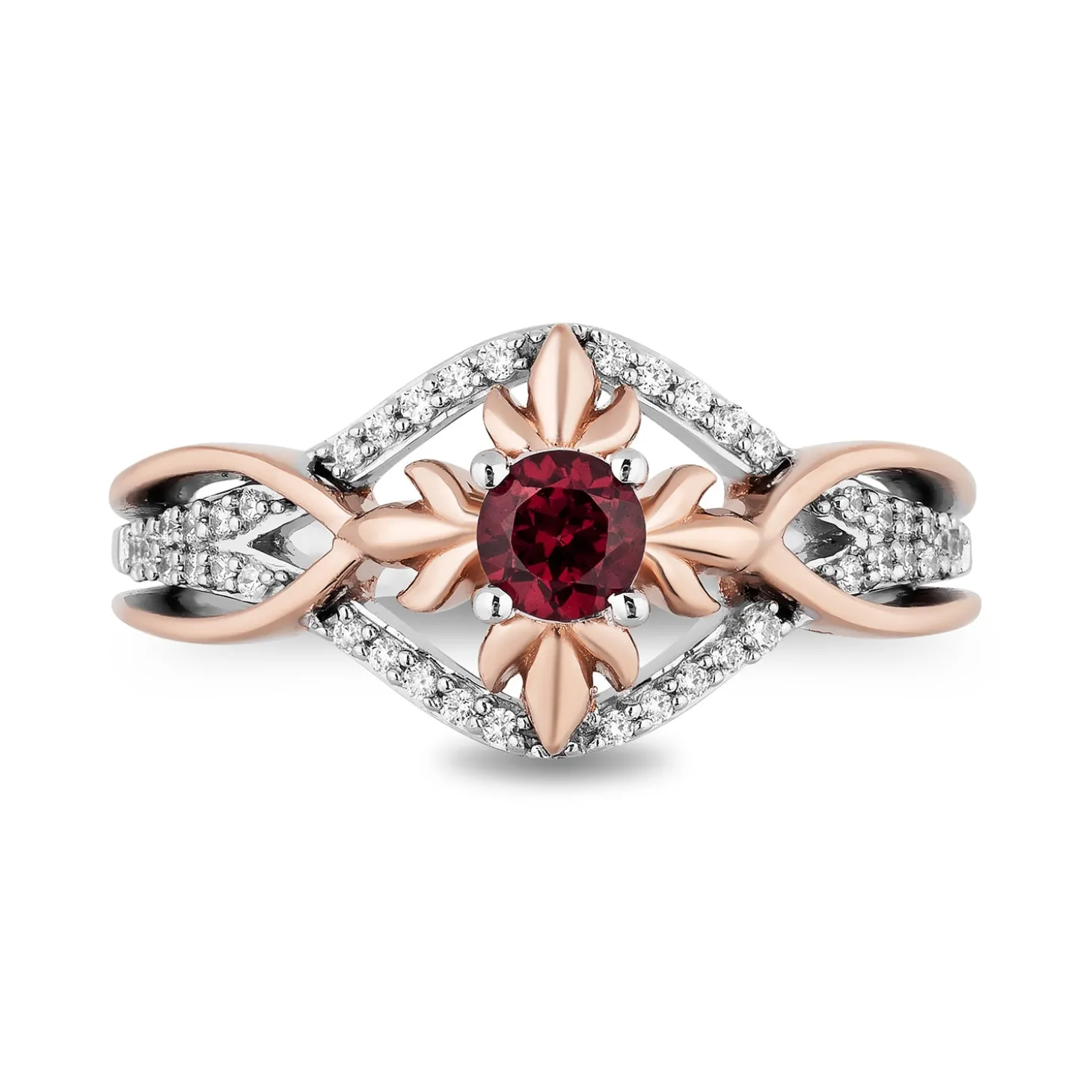 Enchanted Disney Fine Jewelry Sterling Silver and 10K Rose Gold with 1/6 CTTW Diamond and Rhodolite Garnet Anna Ring