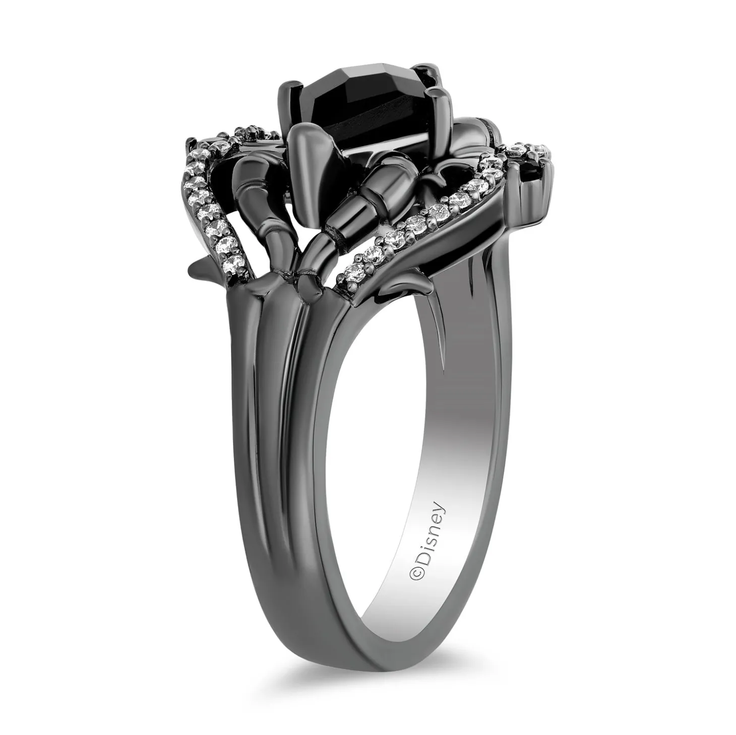 Enchanted Disney Fine Jewelry Black Rhodium Over Sterling Silver with 1/6 CTTW Diamond and Black Onyx Maleficent Ring