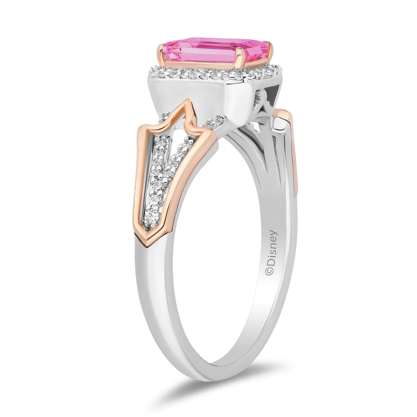 Enchanted Disney Fine Jewelry Sterling Silver and 10K Rose Gold with 1/6 CTTW Diamonds and Cr. Pink Sapphire Aurora Ring